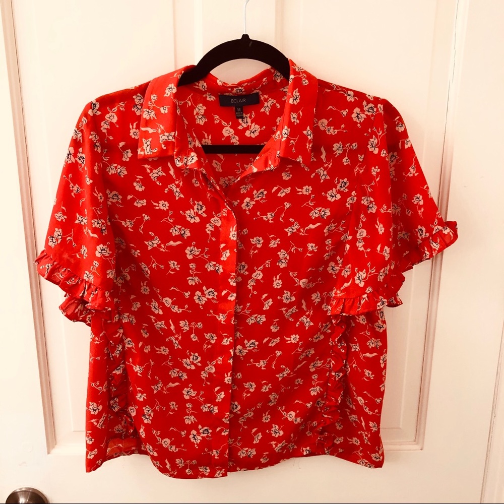 Red Orange Floral Collard Top